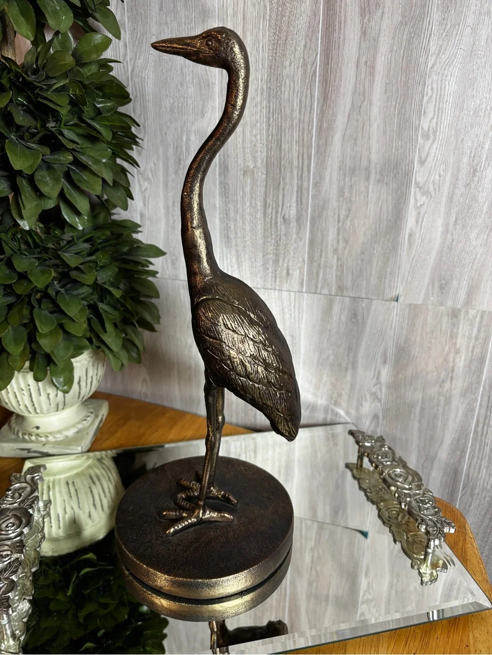 Bronze Finish Standing Crane Statue Brass Accent Bird Sculpture Coastal Home Dec